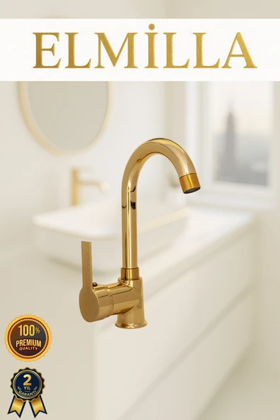 elmilla Kaliteli Gold Renk Lüx Gövde Banyo Lavabo Musluğu Bataryası ürün görseli 1