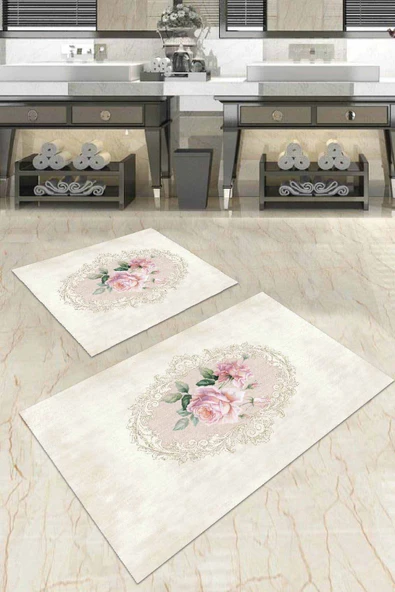 Bej Çiçek Desenli Banyo Halısı Klozet 2'li Paspas Seti BS035 ürün görseli 1