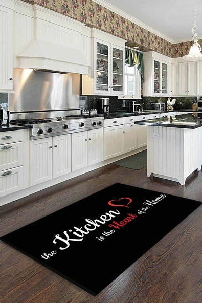 Siyah Kaymaz Taban Yıkanan Kitchen Yazılı Mutfak Halısı MT49 ürün görseli 1