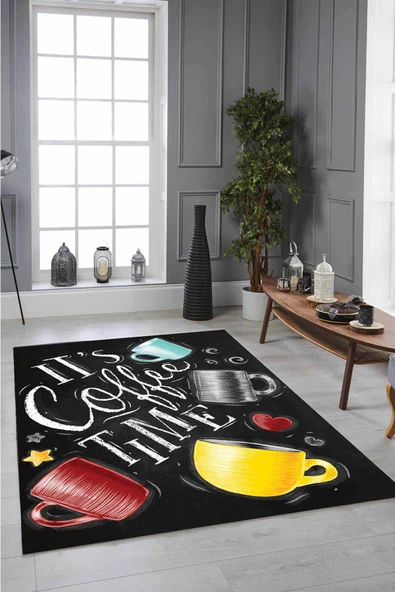 Sarı Kaymaz Tabanlı Coffee Temalı Yıkanır Mutfak Halısı MT42 ürün görseli 1