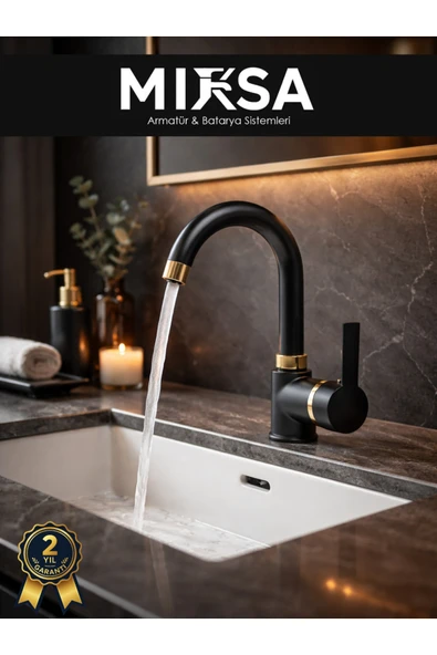 MİXSA Lüx Siyah-Gold Armut Baston Borulu Banyo Lavabo Bataryası, Musluğu, Çeşmesi Çift Su Girişli ürün görseli 1