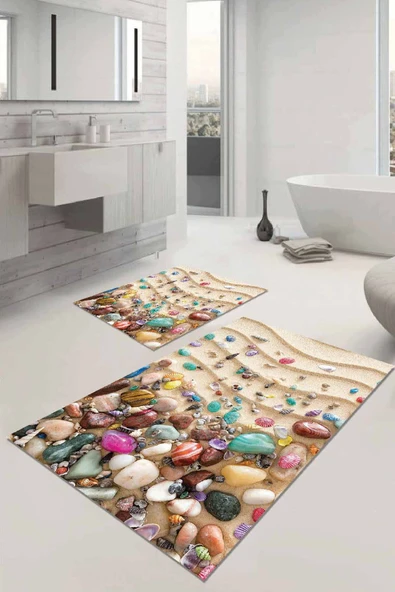 Renkli Deniz Kabuklu Banyo Halısı Klozet Paspas Seti BS102 ürün görseli 1