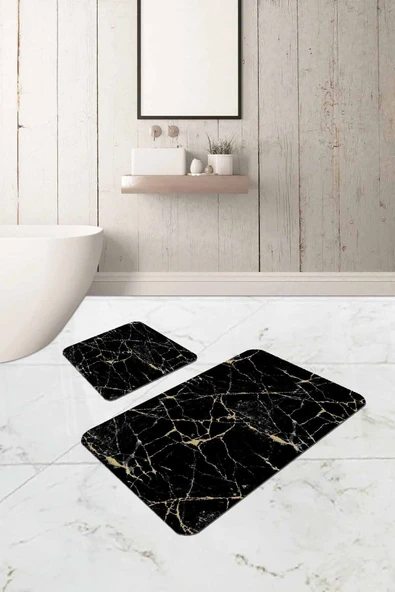 Siyah Mermer Görünümlü Banyo Halısı Klozet Paspas Seti BS333 ürün görseli 1