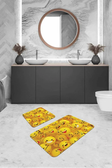 Sarı Smiley Banyo Halısı Klozet Takımı Paspas Seti BS296 ürün görseli 1