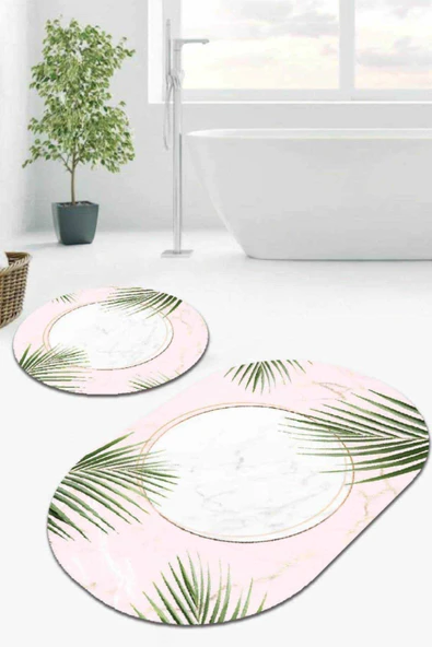 Pudra Yapraklı Banyo Halısı Klozet Oval Paspas Seti BS093 ürün görseli 1