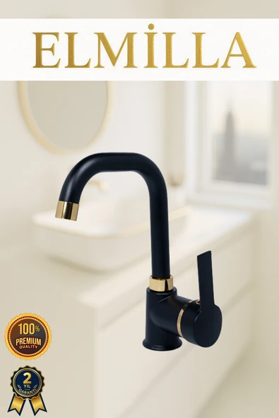 elmilla Siyah Gold Armut Delta Kol Köşe Borulu Banyo Lavabo Bataryası Çeşmesi Musluğu Çift Su Girişli ürün görseli 1