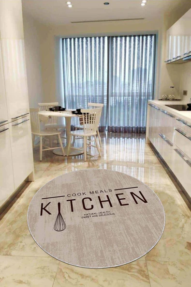 Bej Kaymaz Taban Kitchen Yazılı Yuvarlak Mutfak Halısı AR801 ürün görseli 1