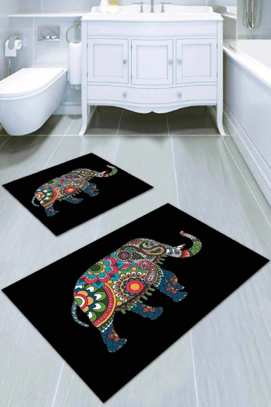 Siyah Fil Desenli Banyo Halısı Klozet 2'li Paspas Seti BS039 ürün görseli 1