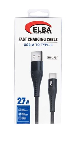 Elba Elb-2701 27W Usb-A To Type-C 1 Metre Siyah Örgülü Şarj Kablosu 480Mps Hızlı Şarj ürün görseli 1