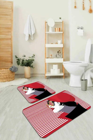 Kırmızı Yüzler Banyo Halısı Klozet Takımı Paspas Seti BS221 ürün görseli 1
