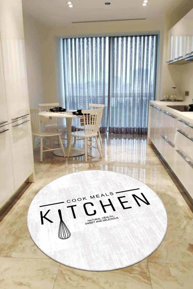 Beyaz Kaymaz Kitchen Yazılı Yuvarlak Mutfak Halısı AR802 ürün görseli 1
