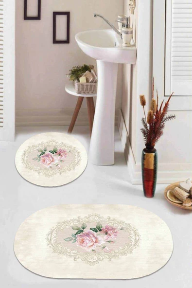 Bej Çiçekli Desen Banyo Halısı Klozet Oval Paspas Seti BS077 ürün görseli 1