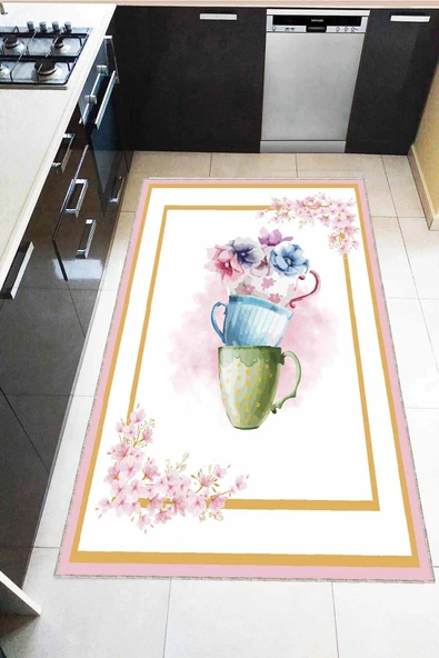 Pembe Kaymaz Taban Yıkanabilir Fincanlı Mutfak Halısı AR1143 ürün görseli 1