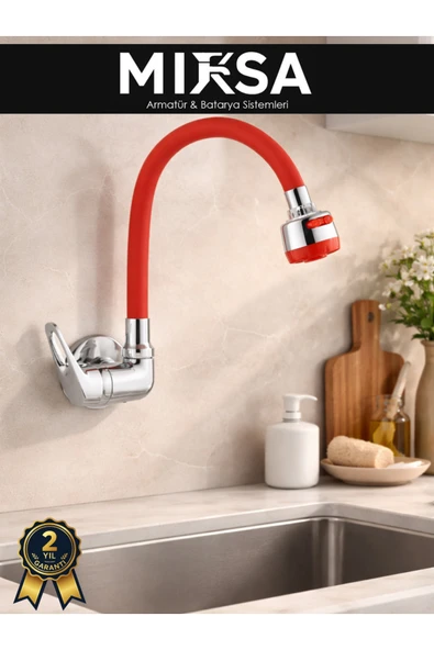 MİXSA Duvardan Tek Su Çıkışlı Pipo Kırmızı Oynar Borulu Lavabo-Eviye Bataryası Çeşmesi Musluğu ürün görseli 1