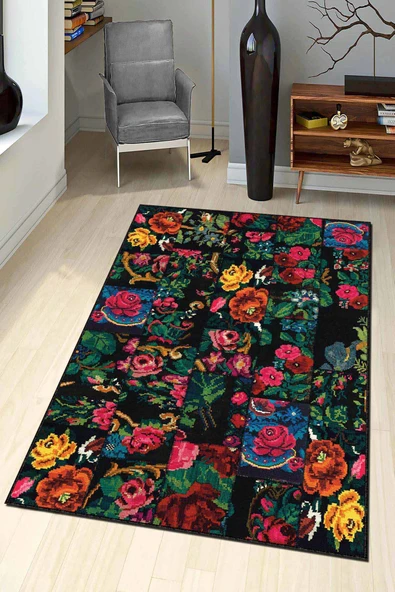 Renkli Kaymaz Tabanlı Yıkanır Patchwork Mutfak Halısı AR1065 ürün görseli 1