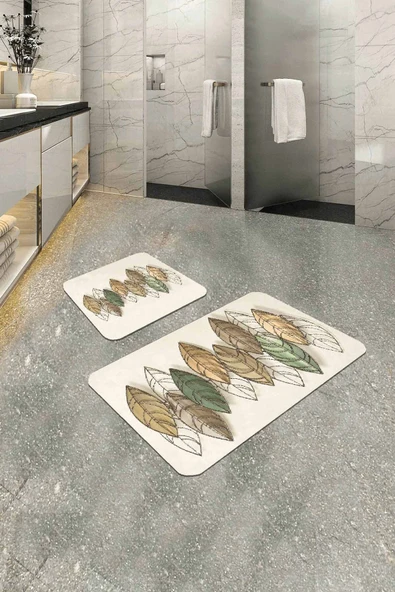 Krem Etnik Desenli Banyo Halısı Klozet Paspas Seti BS326 ürün görseli 1