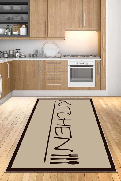 Bej Kaymaz Taban Yıkanan Kitchen Yazılı Mutfak Halısı AR181 ürün görseli 1