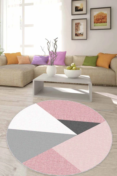 Pembe Kaymaz Geometrik Desenli Yuvarlak Mutfak Halısı AR1325 ürün görseli 1