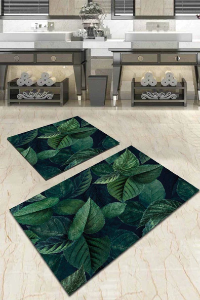Yeşil Yaprak Temalı Banyo Halısı Klozet Paspas Seti BS045 ürün görseli 1