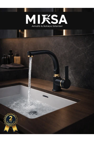 MİXSA Lüx Siyah-Gold Armut BalıkSırtı Borulu Banyo Lavabo Bataryası, Musluğu, Çeşmesi Çift Su Girişli ürün görseli 1