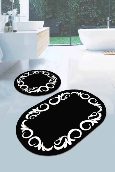 Siyah Çerçeveli Desen Oval Banyo Klozet Paspas Seti BS074 ürün görseli 1