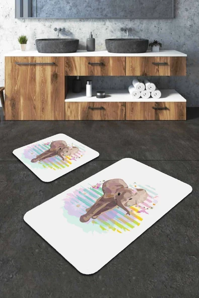 Ekru Fil Desenli Banyo Halısı Klozet 2'li Paspas Seti BS224 ürün görseli 1