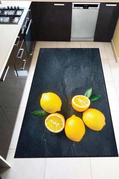 Sarı Kaymaz Taban Yıkanan Limon Desenli Mutfak Halısı AR201 ürün görseli 1
