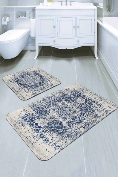 Mavi Modern Klasik Banyo Halısı Klozet Paspas Seti BS278 ürün görseli 1