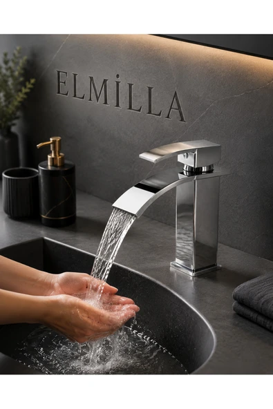 elmilla Lüx Premium Krom Şelale Lavabo Bataryası Çift Su Girişli Modern Tasarım Batarya ürün görseli 1