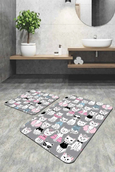 Gri Kedili Banyo Halısı Klozet Takımı 2'li Paspas Seti BS254 ürün görseli 1