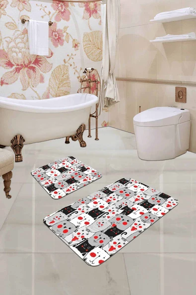 Renkli Kedili Banyo Halısı Klozet Takımı Paspas Seti BS250 ürün görseli 1