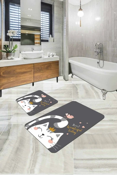 Gri Kedili Banyo Halısı Klozet Takımı 2'li Paspas Seti BS258 ürün görseli 1
