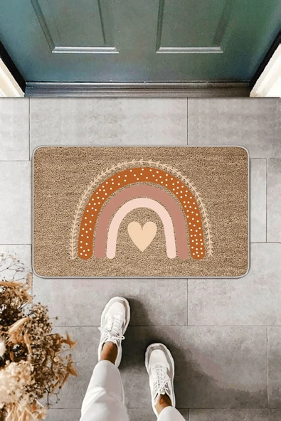 Bej Modern Love Kalp Desenli Kapı Önü Paspası KP11 ürün görseli 1