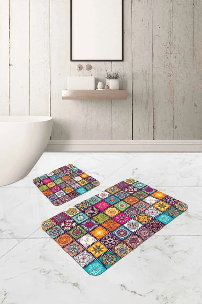 Renkli Çini Desenli Banyo Halısı Klozet Paspas Seti BS303 ürün görseli 1