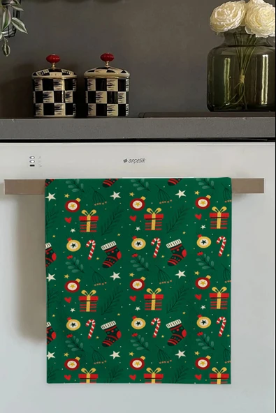 Yeşil Yeni Yıl Temalı Yılbaşı Fırın Mutfak Havlusu 30x50cm ürün görseli 1