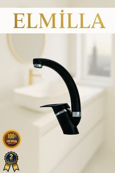 elmilla Siyah Krom Banyo Lavabo Musluğu Bataryası Çeşmesi Kuğu Borulu Lüx Tasarım Çif Su Giriş ürün görseli 1