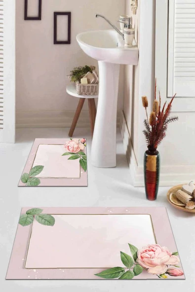 Pembe Çiçekli Desen Banyo Halısı Klozet Paspas Seti BS009 ürün görseli 1