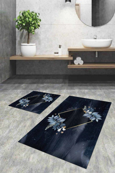 Lacivert Çiçekli Banyo Halısı Klozet 2'li Paspas Seti BS053 ürün görseli 1