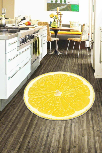 Sarı Kaymaz Tabanlı Limonlu Yuvarlak Mutfak Halısı AR204 ürün görseli 1