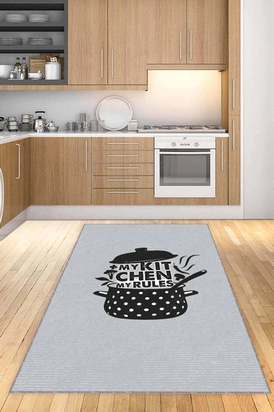 Gri Kaymaz Tabanlı My Kitchen My Rules Mutfak Halısı AR030 ürün görseli 1