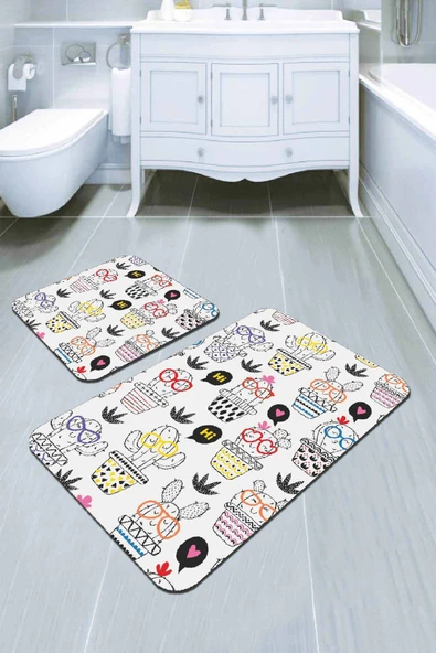 Renkli Kaktüslü Desen Banyo Halısı Klozet Paspas Seti BS248 ürün görseli 1