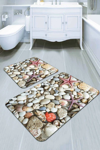 Renkli Deniz Kabuklu Banyo Halısı Klozet Paspas Seti BS207 ürün görseli 1
