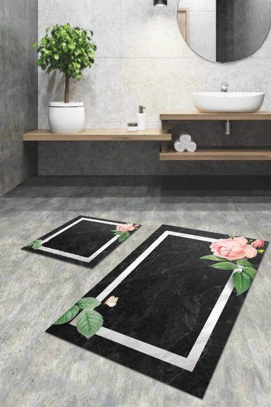 Füme Çiçek Desenli Banyo Halısı Klozet Paspas Seti BS008 ürün görseli 1