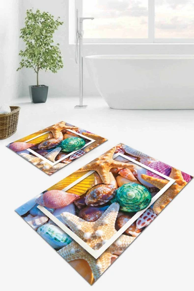 Renkli Deniz Kabuklu Banyo Halısı Klozet Paspas Seti BS056 ürün görseli 1