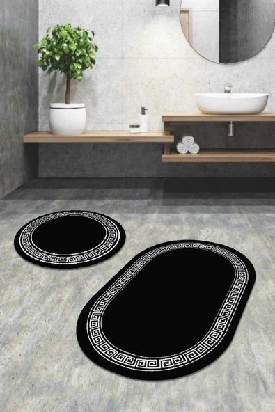 Siyah Çerçeve Temalı Oval Banyo Klozet Paspas Seti BS076 ürün görseli 1