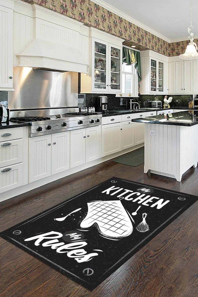 Siyah Kaymaz Tabanlı My Kitchen My Rules Mutfak Halısı MT46 ürün görseli 1