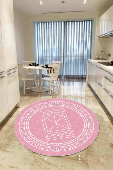Pembe Kaymaz Taban Etnik Desen Yuvarlak Mutfak Halısı AR542 ürün görseli 1