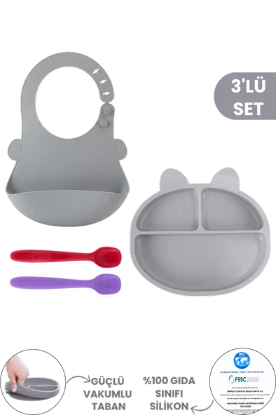 3'lü Silikon Beslenme Seti BPA Free, Silikon Mama Önlüğü + Vakumlu 3 Gözlü Tabak + 2 Adet Kaşık ürün görseli 1