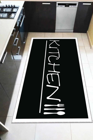 Siyah Kaymaz Tabanlı Kitchen Yazılı Mutfak Halısı AR183 ürün görseli 1