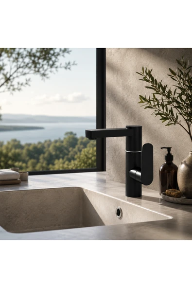 MİXSA Lüx Premium Silva 360° Döner Borulu Siyah Banyo Lavabo Bataryası Musluğu Çeşmesi Modern Batarya ürün görseli 1